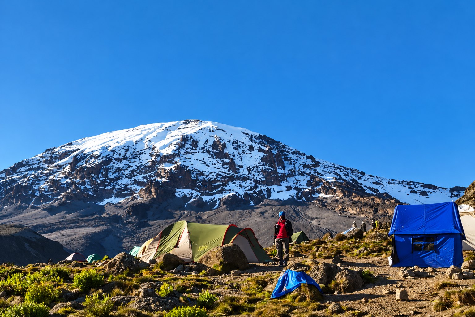 Tents and a climber at a high-altitude camp beneath Mount Kilimanjaro